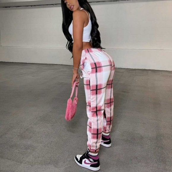 Pink Plaid Check High Waist Loose Fit Joggers Jogger Pants - Picture 10 of 12